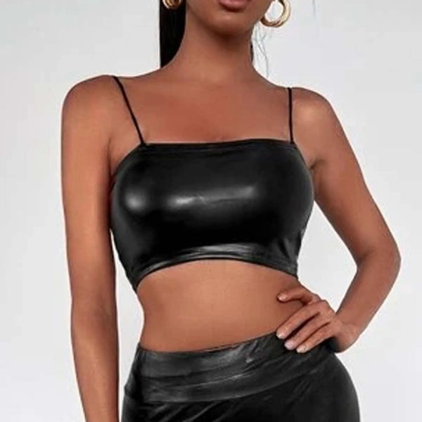 Sexy Latex Leather Crop Top Women Spaghetti Strap Tank Top Backless Bodycon Vest